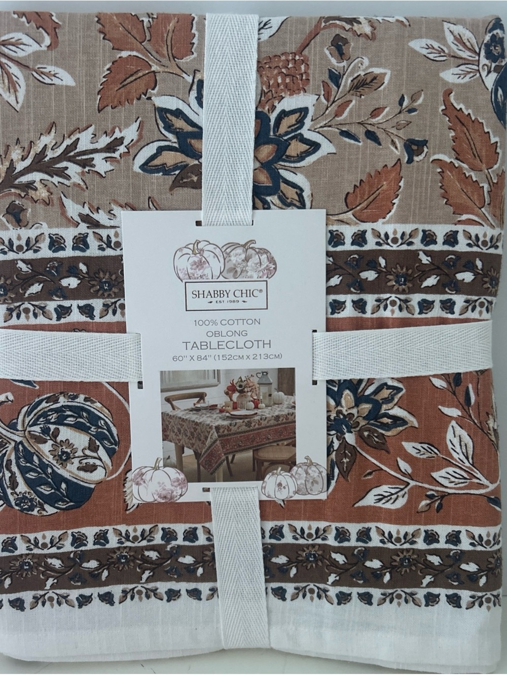 Shabby Chic Tablecloth Rust, Navy & Cream Fall Floral Cotton Oblong 60” X 84”